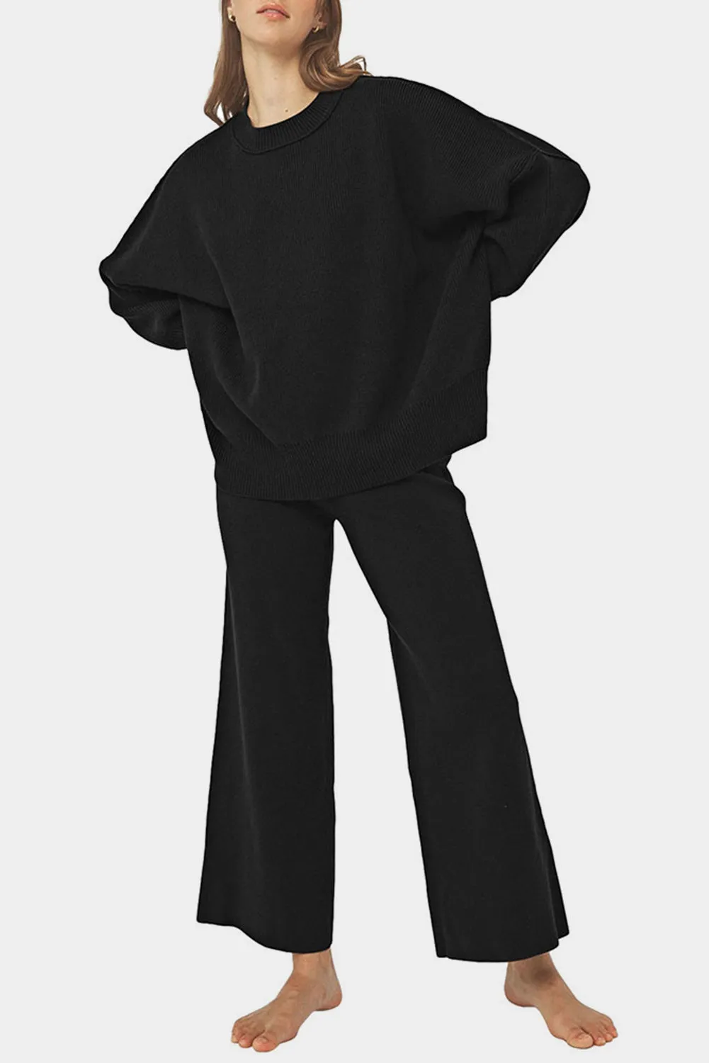 Black Ribbed Knit Drop Shoulder Loose Pants Set