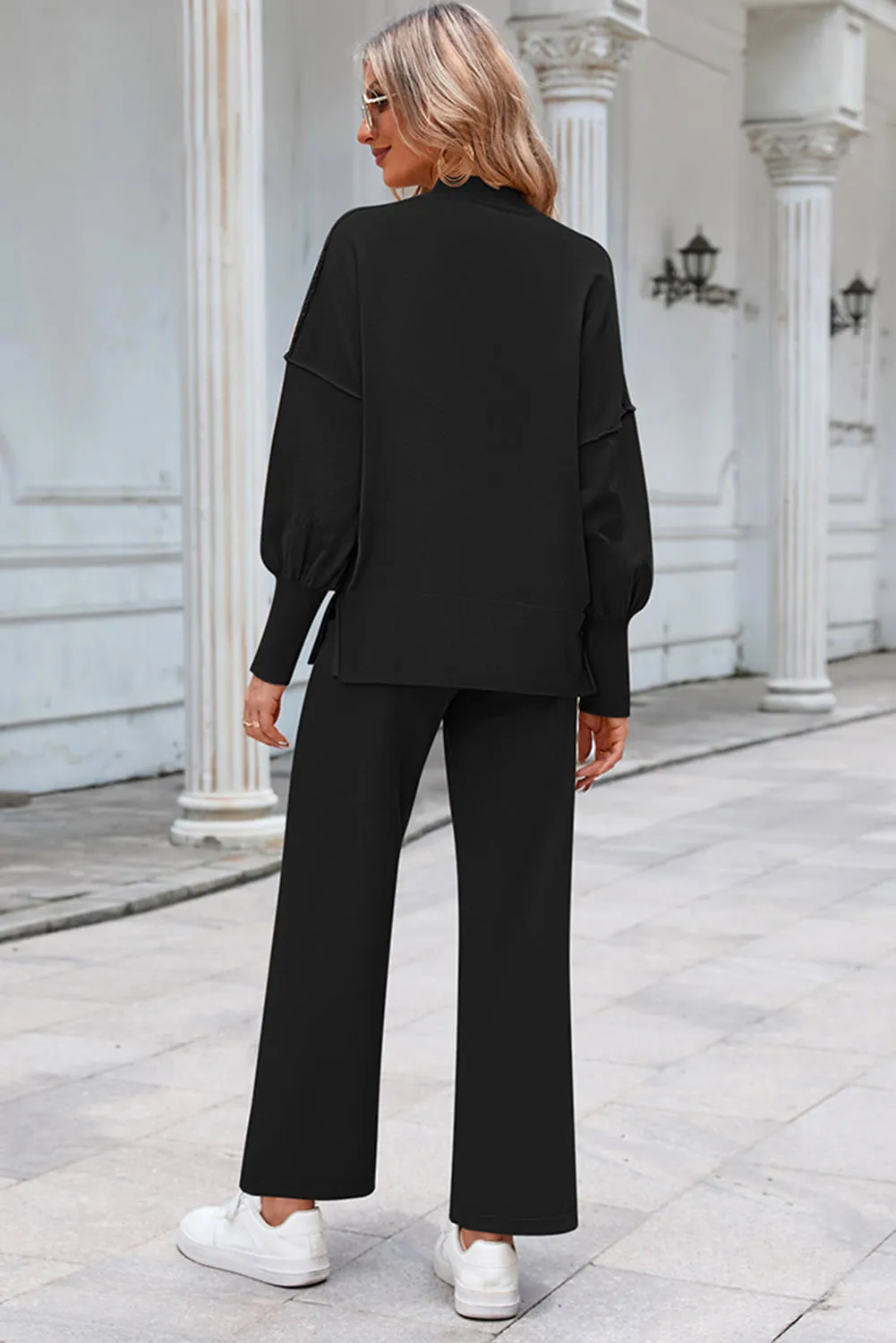 Black Ribbed Knit Drop Shoulder Loose Pants Set