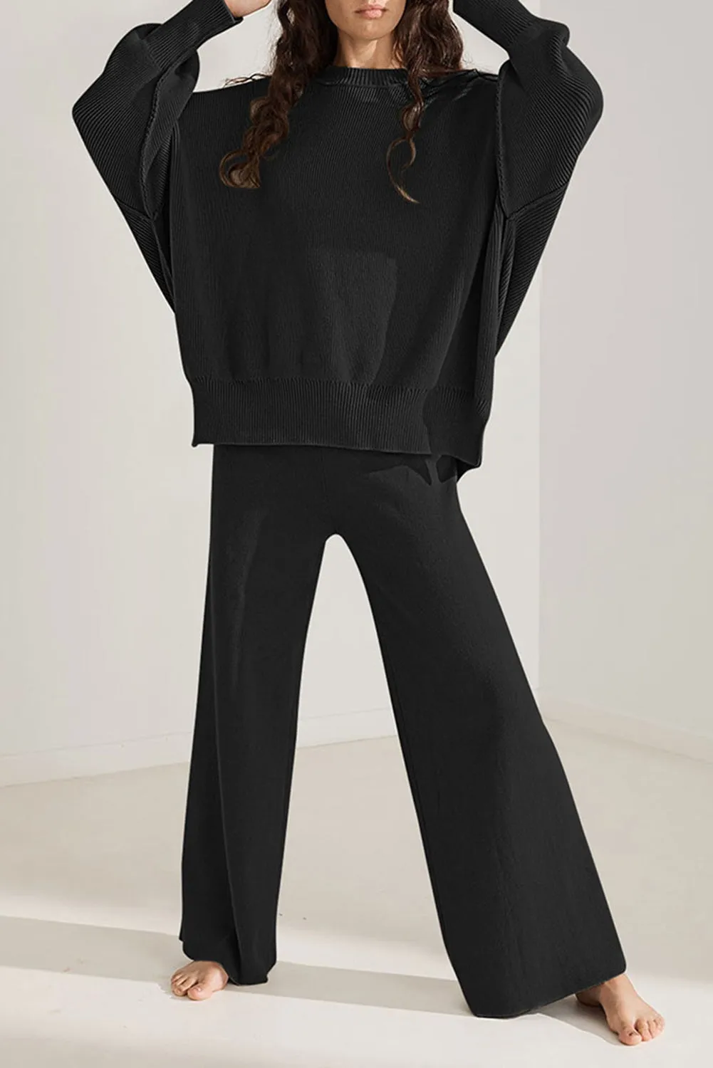 Black Ribbed Knit Drop Shoulder Loose Pants Set