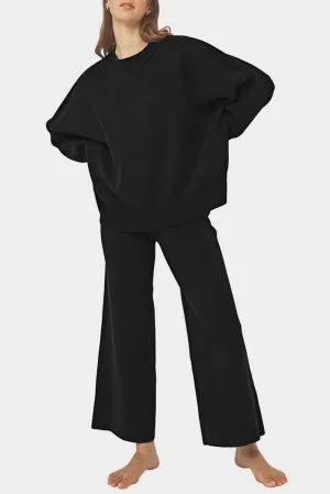 Black Ribbed Knit Drop Shoulder Loose Pants Set