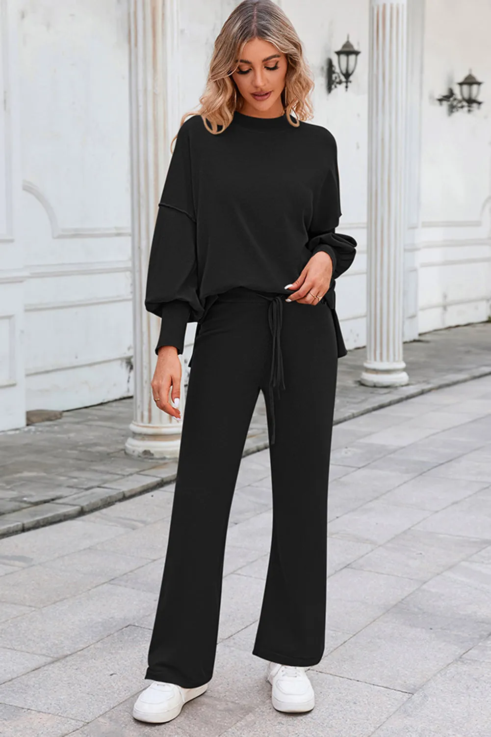 Black Ribbed Knit Drop Shoulder Loose Pants Set