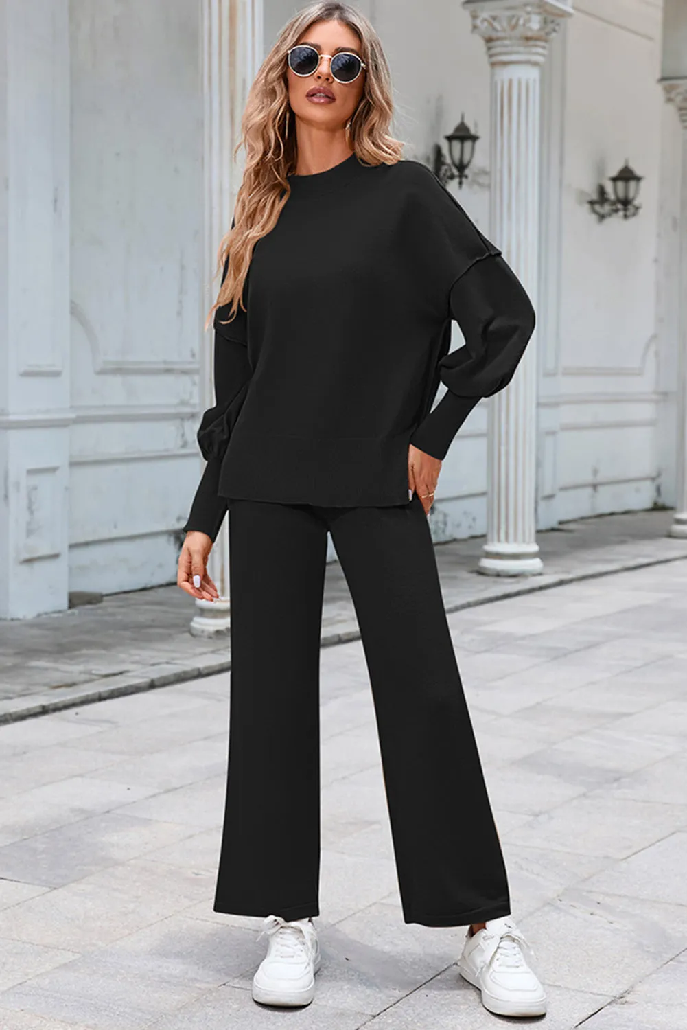 Black Ribbed Knit Drop Shoulder Loose Pants Set