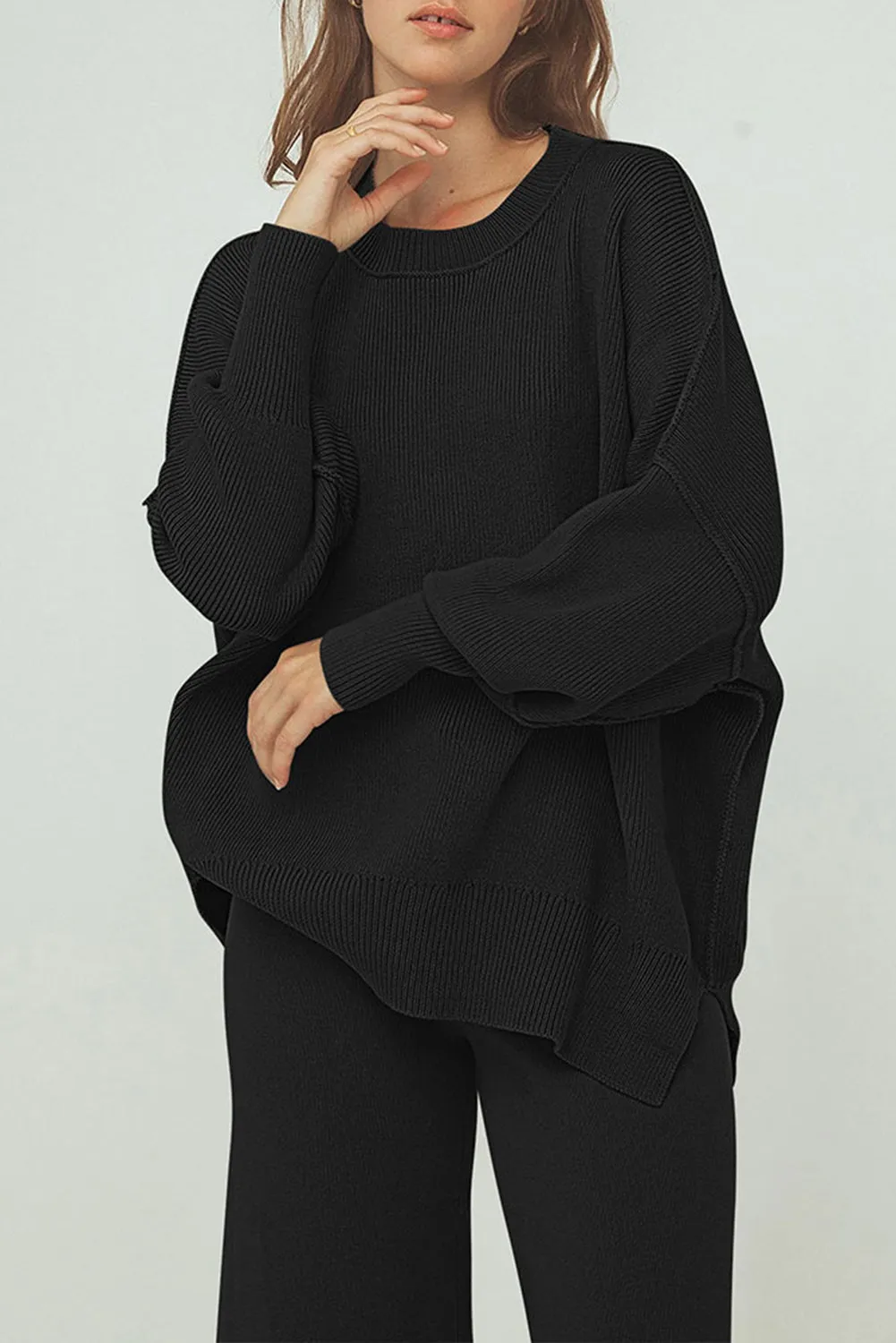 Black Ribbed Knit Drop Shoulder Loose Pants Set