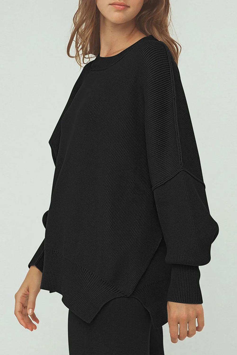 Black Ribbed Knit Drop Shoulder Loose Pants Set