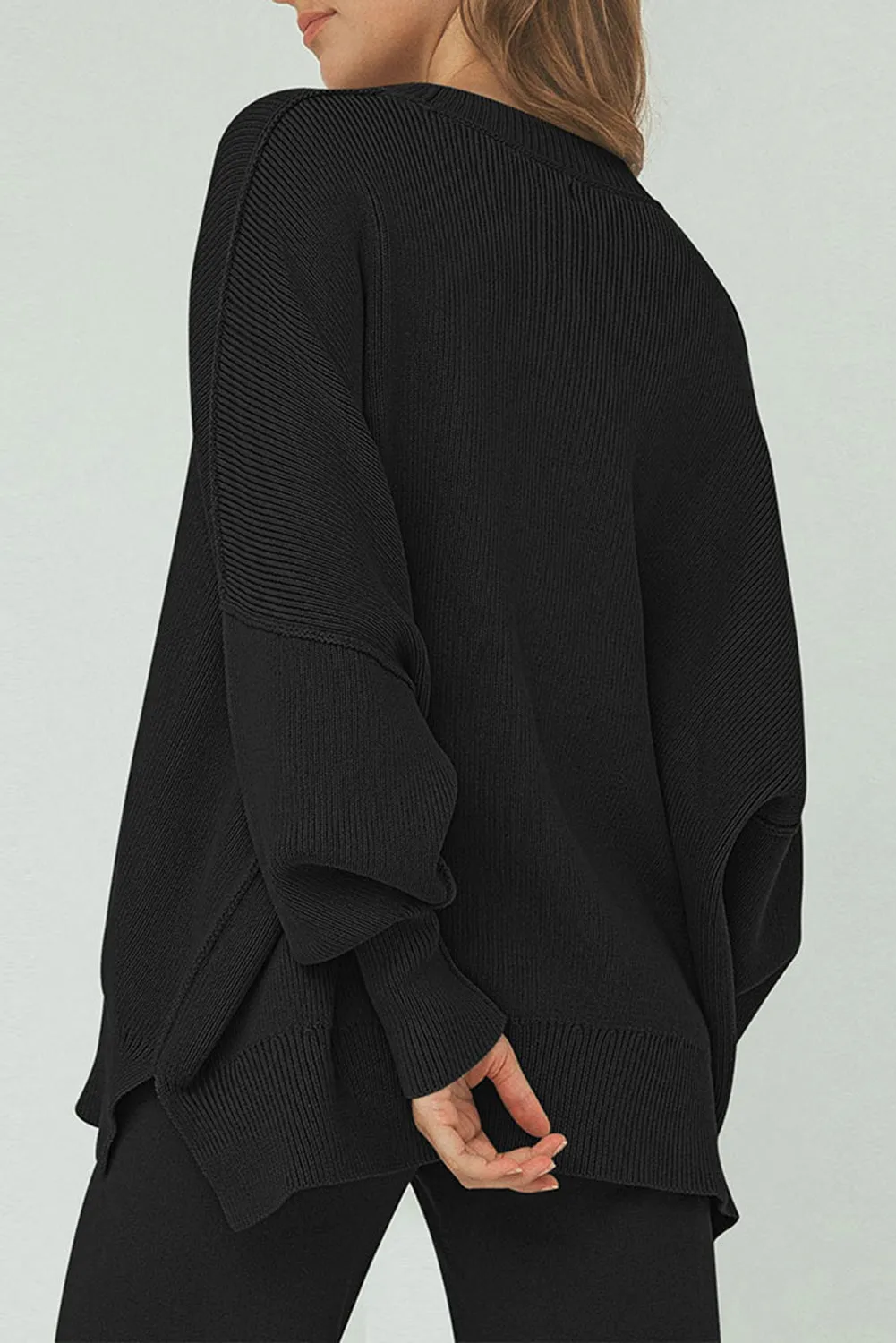 Black Ribbed Knit Drop Shoulder Loose Pants Set
