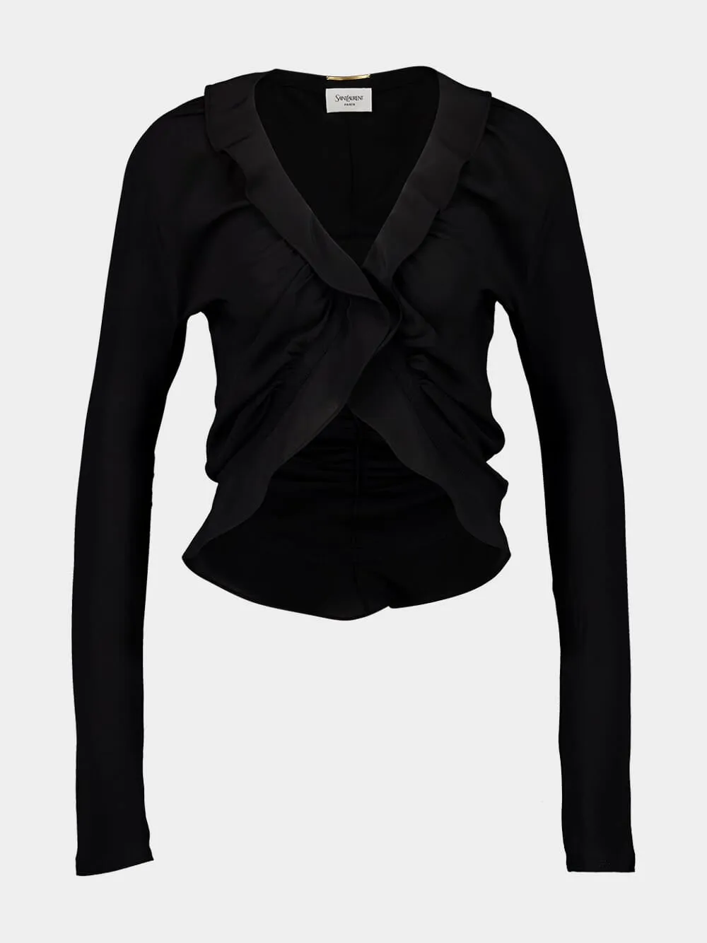 Black Ruffled Silk Crepe de Chine Blouse