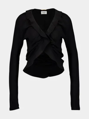 Black Ruffled Silk Crepe de Chine Blouse