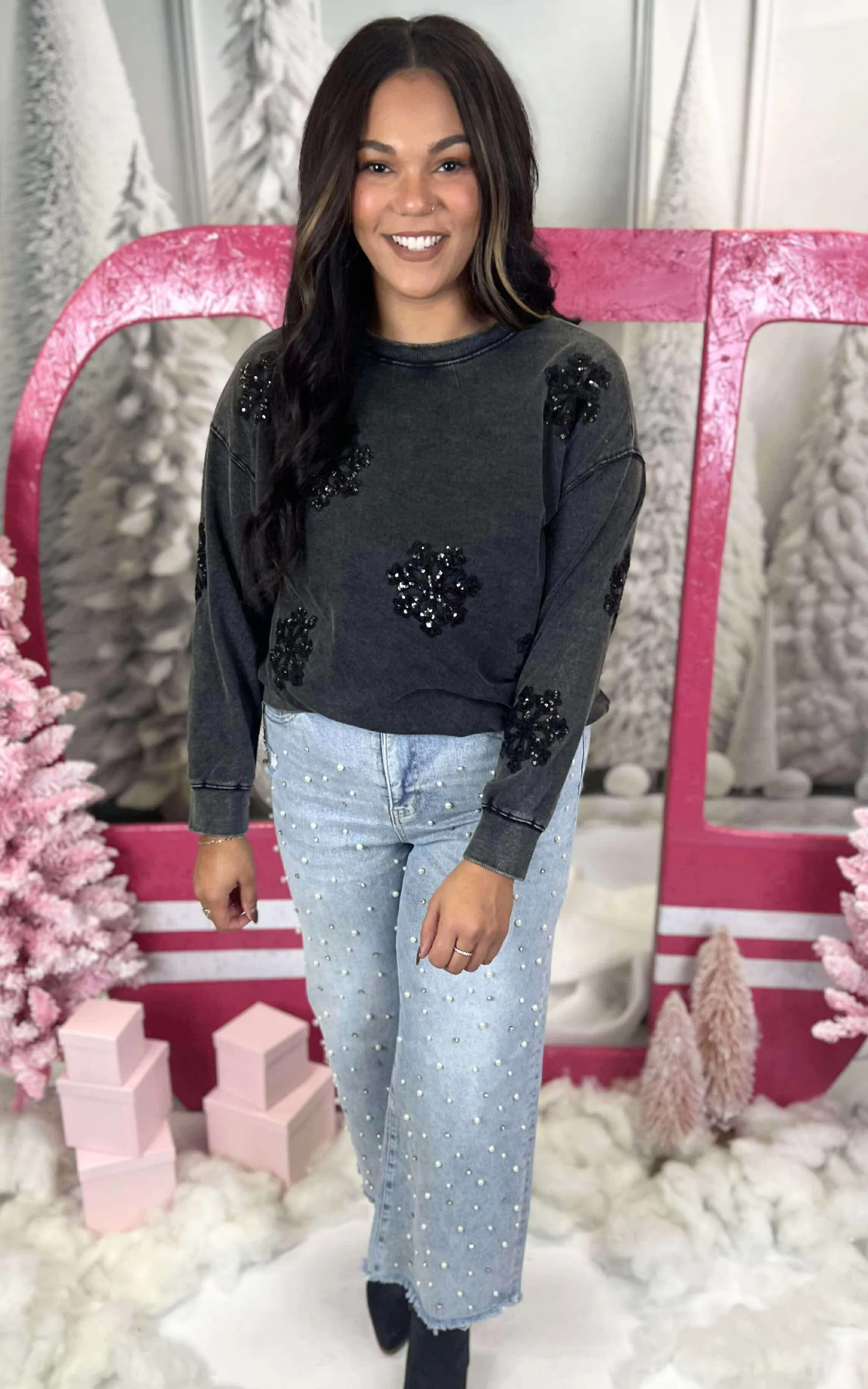 Black Sequin Snowflake Sweater Top