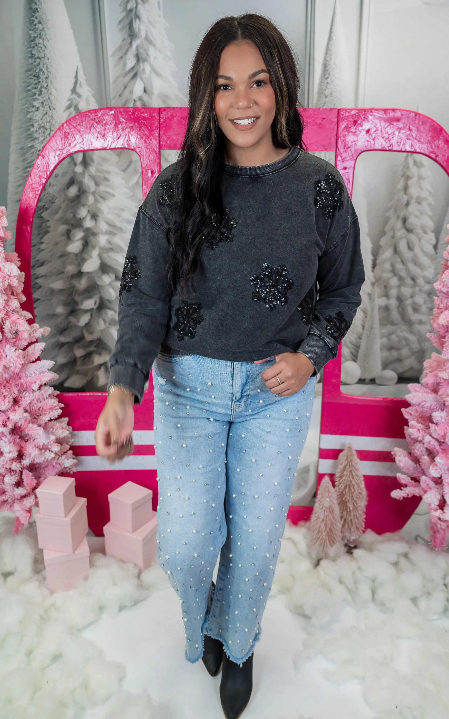 Black Sequin Snowflake Sweater Top