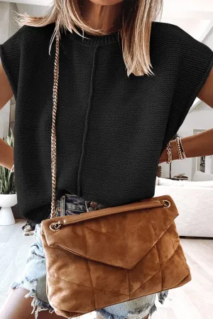 Black Solid Cap Sleeve Loose Fit Knit T Shirt