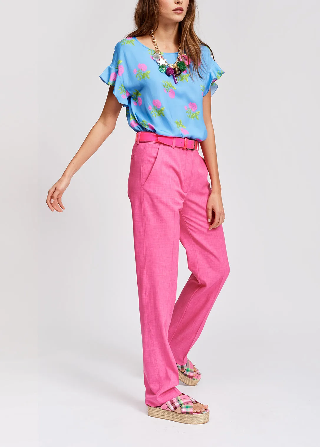Blue flower print top with ruffled sleeves