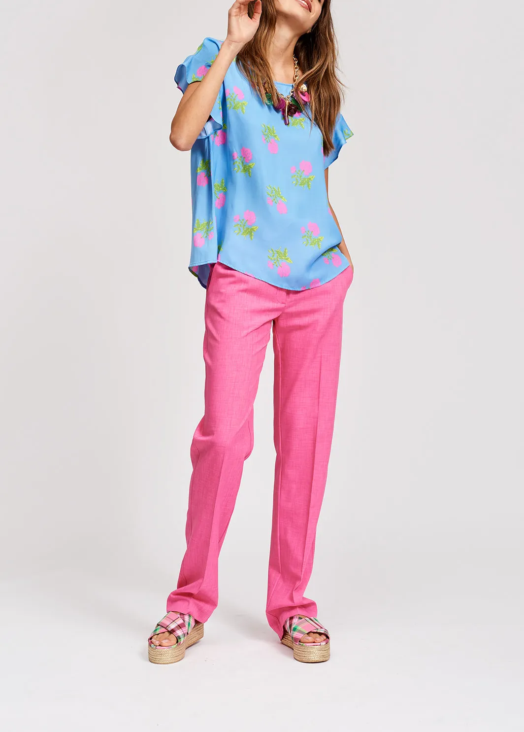 Blue flower print top with ruffled sleeves
