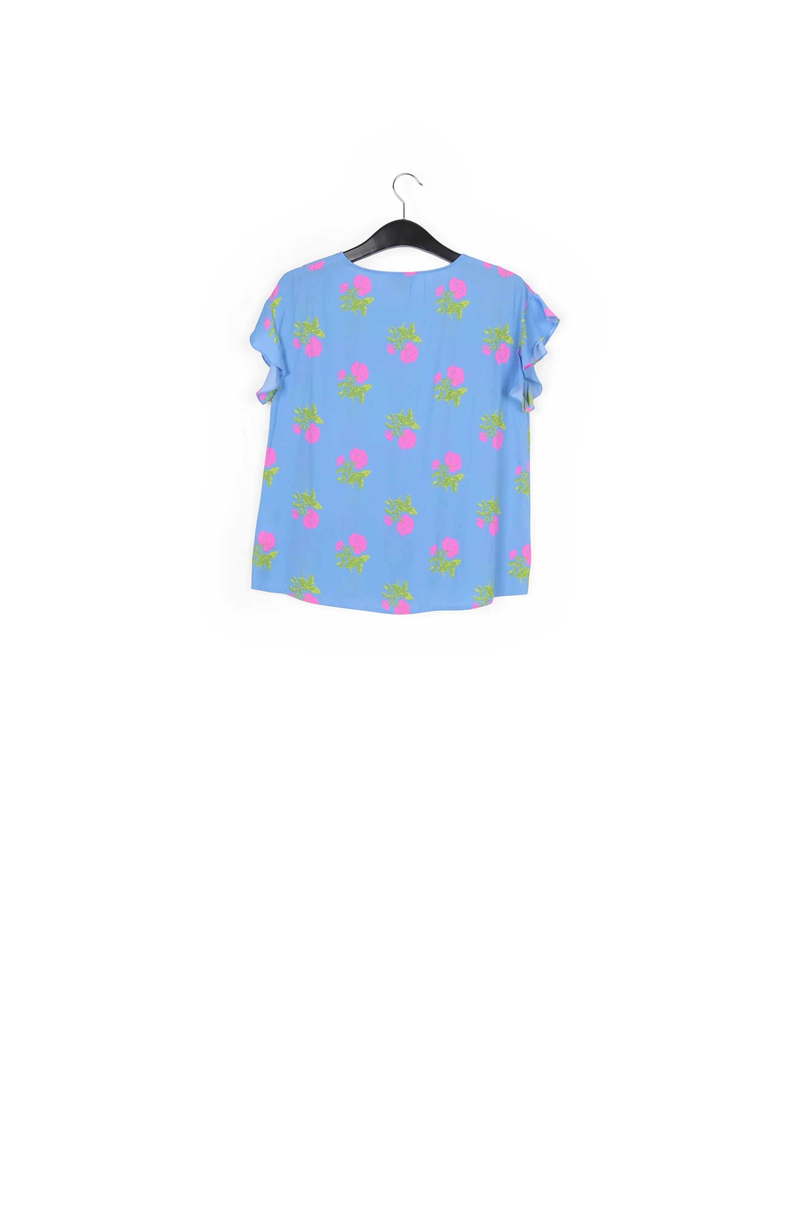 Blue flower print top with ruffled sleeves