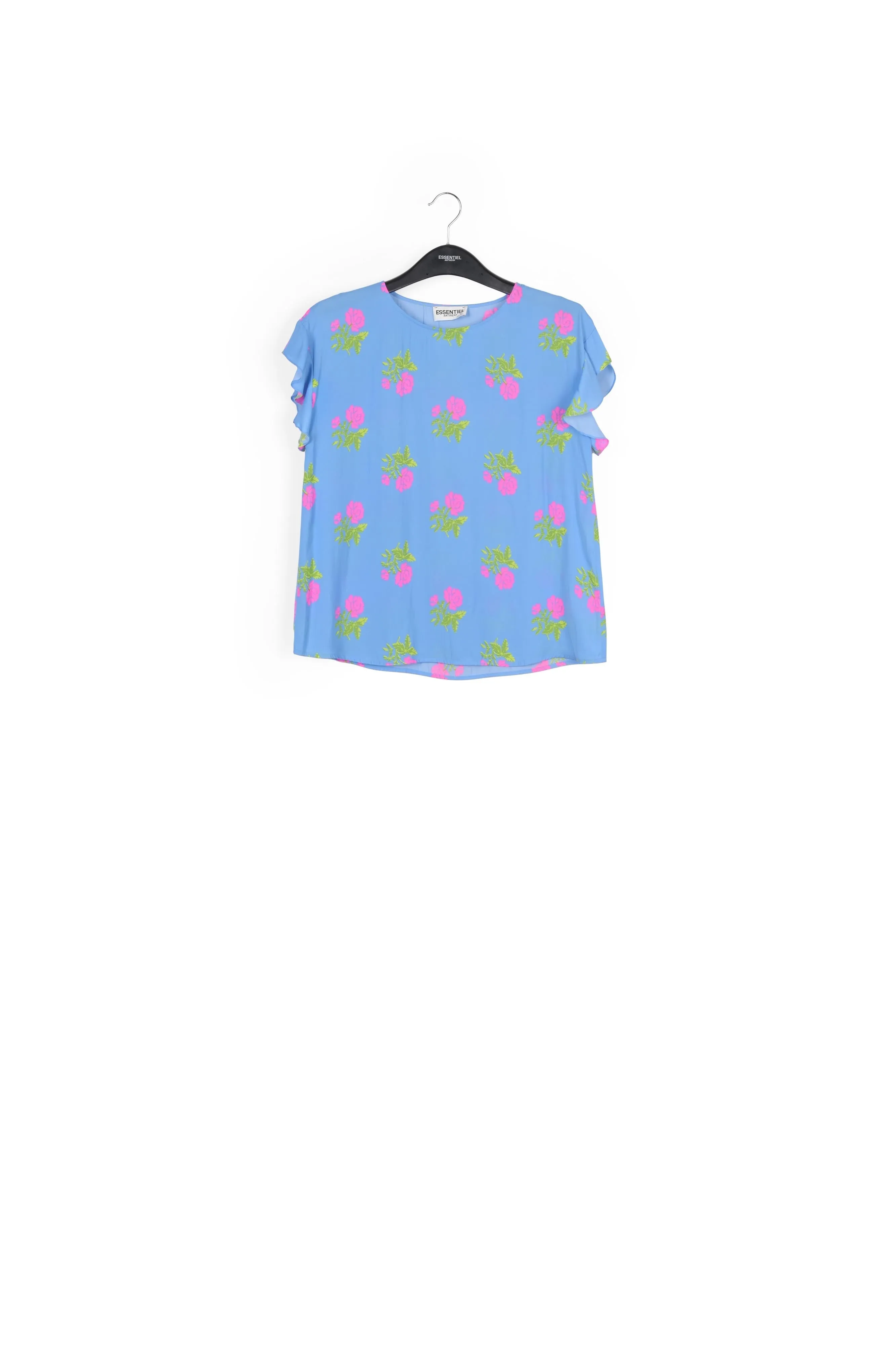 Blue flower print top with ruffled sleeves