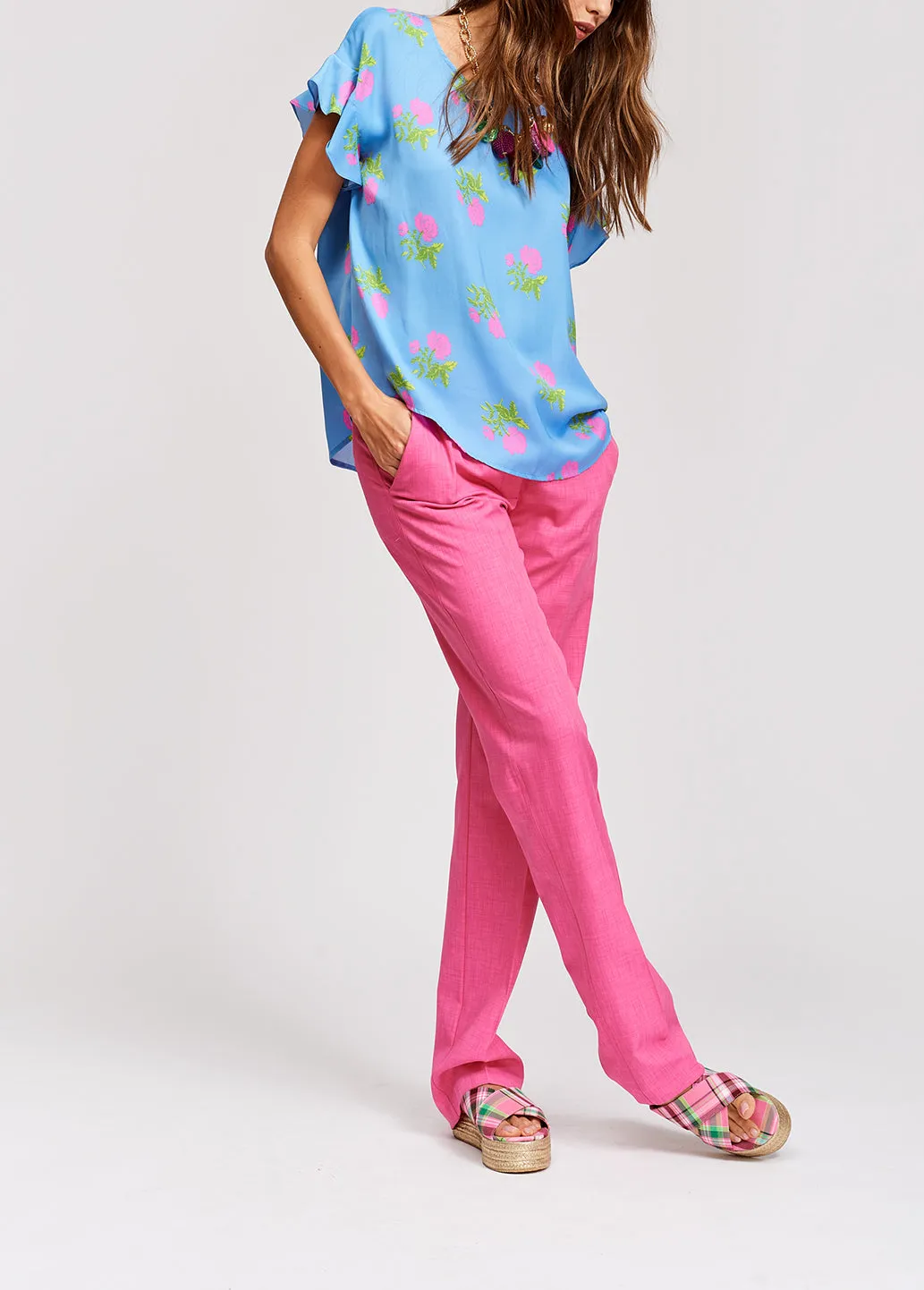 Blue flower print top with ruffled sleeves