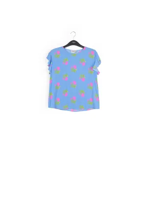 Blue flower print top with ruffled sleeves