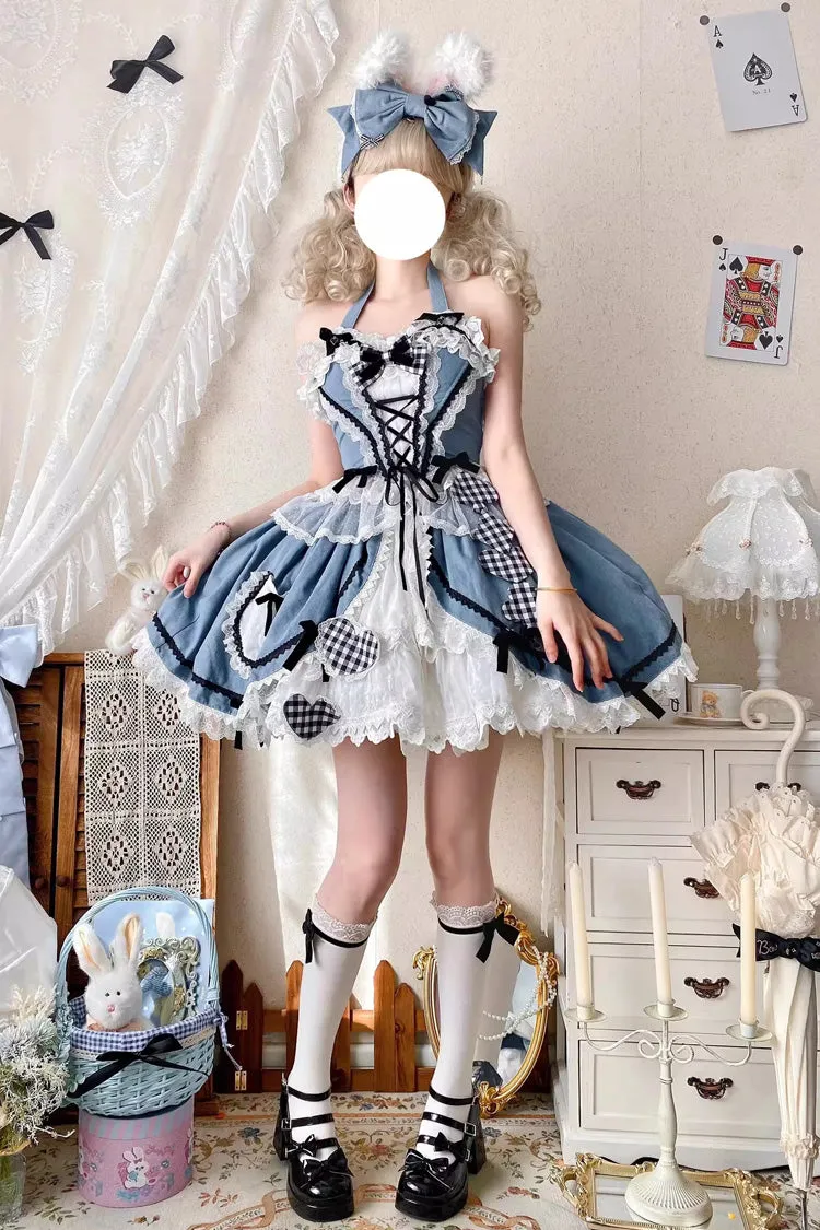Blue Ruffle Bowknot Lace Sweet Chinese Style Elegant Princess Lolita Skirt (Includes Tops)