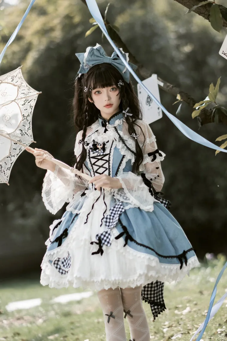 Blue Ruffle Bowknot Lace Sweet Chinese Style Elegant Princess Lolita Skirt (Includes Tops)