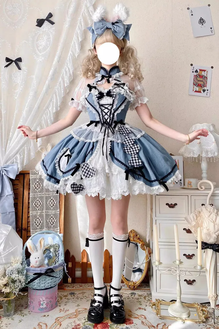 Blue Ruffle Bowknot Lace Sweet Chinese Style Elegant Princess Lolita Skirt (Includes Tops)