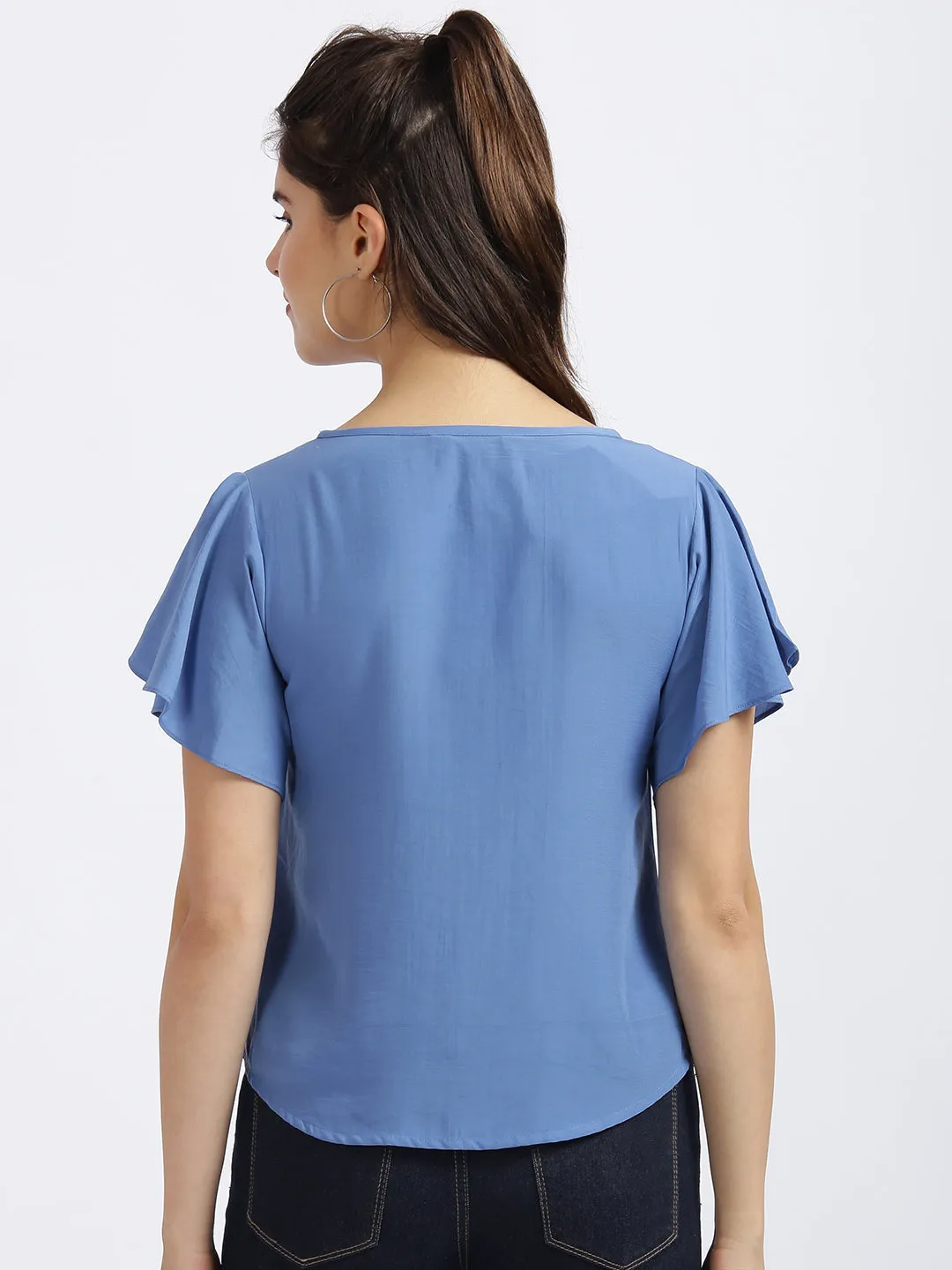 Blue Solid Ruffled Top
