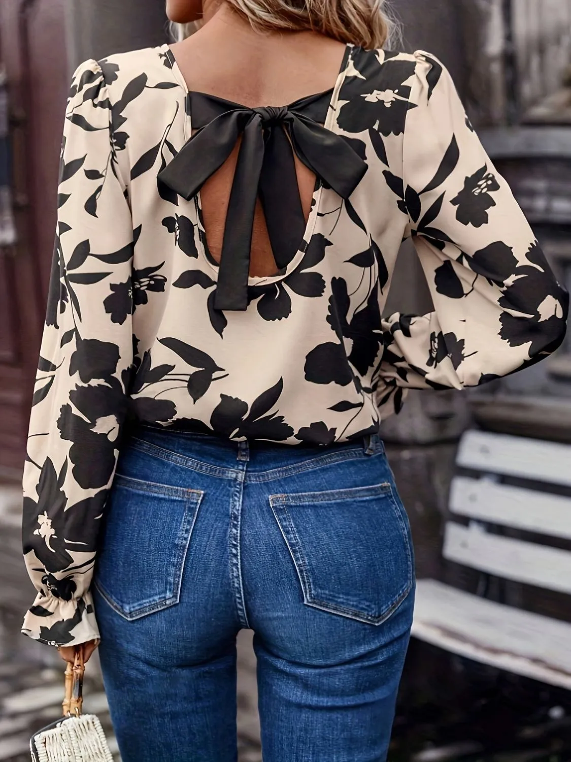Bow Back Printed Round Neck Flounce Sleeve Blouse | Poundton