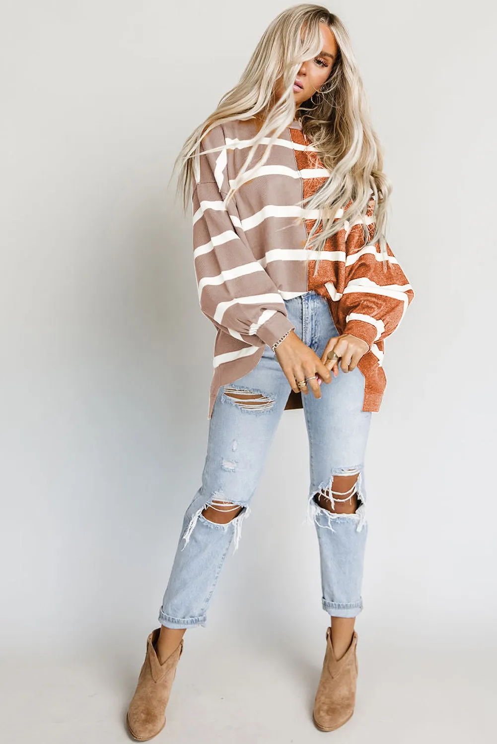 Brown Oversized Contrast Printed Dropped Shoulder Top