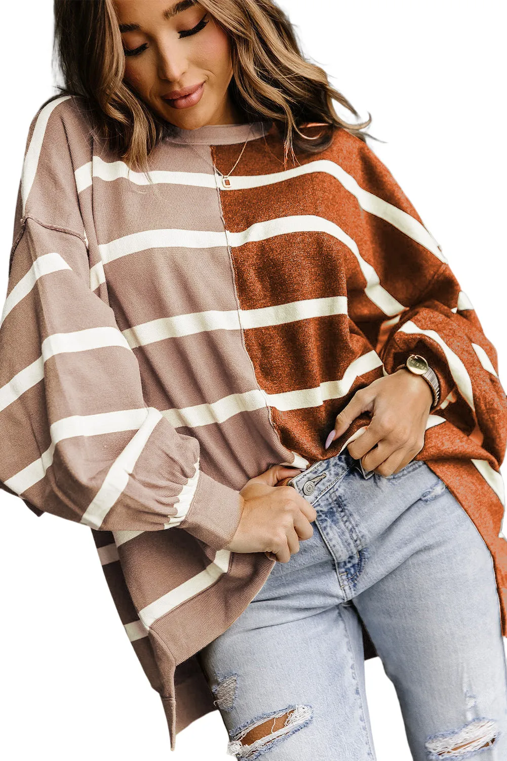 Brown Oversized Contrast Printed Dropped Shoulder Top
