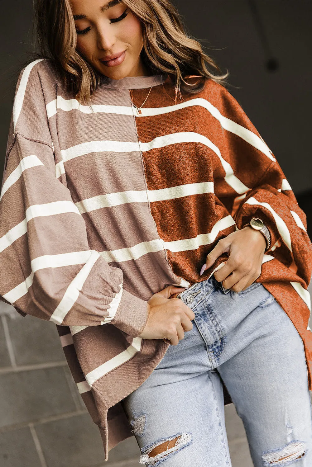 Brown Oversized Contrast Printed Dropped Shoulder Top