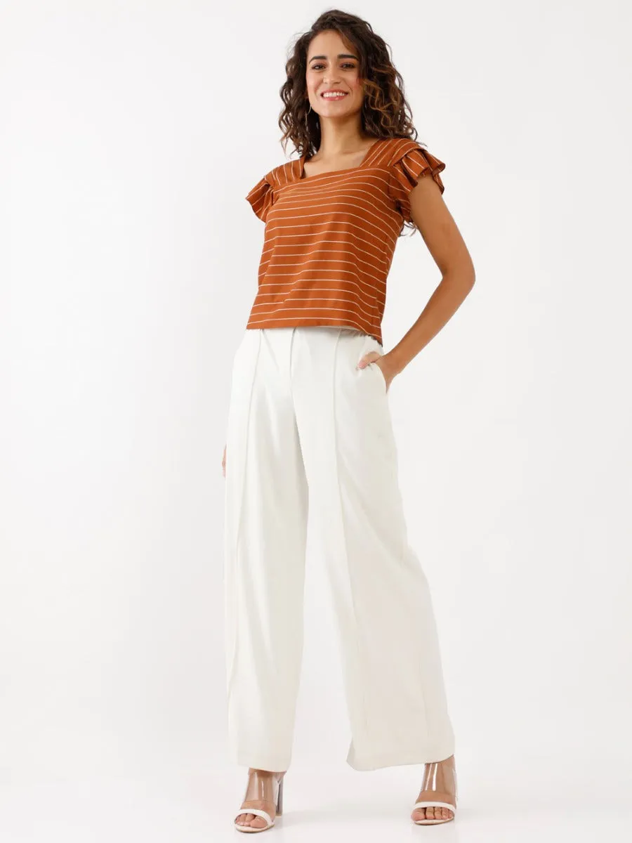 Brown Printed Ruffled Top
