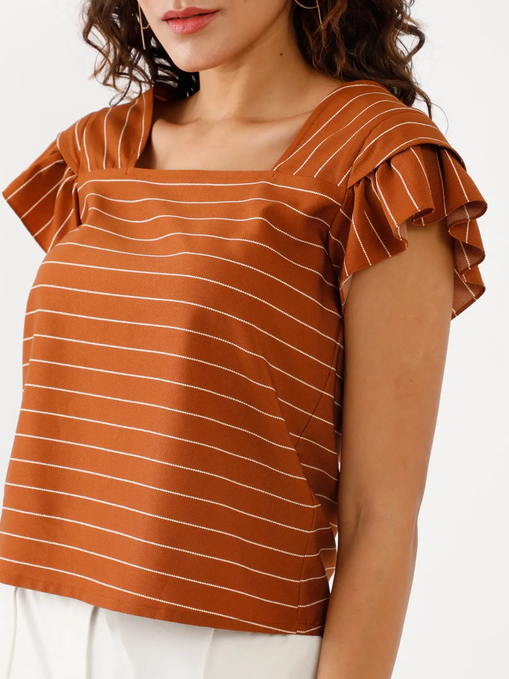 Brown Printed Ruffled Top