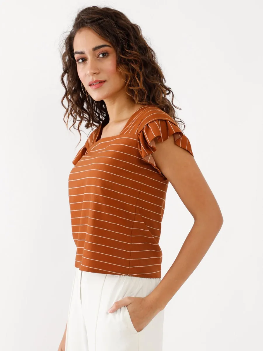 Brown Printed Ruffled Top