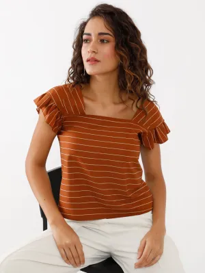 Brown Striped Ruffled Top