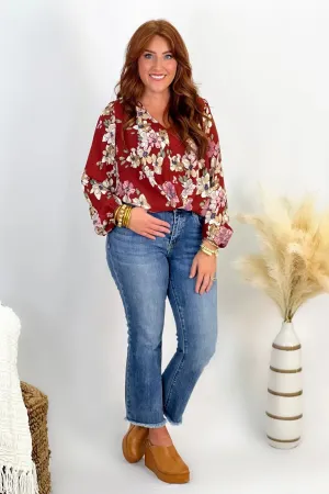 Burgundy Floral V-Neck Long Sleeve Top *Final Sale*