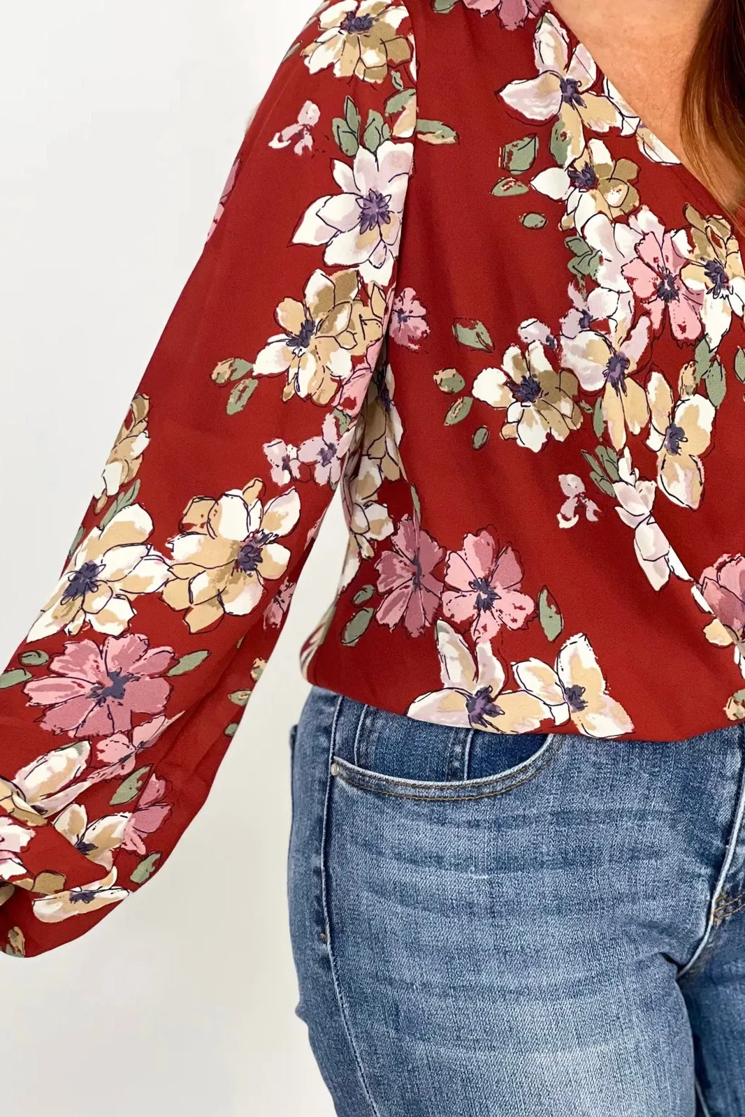 Burgundy Floral V-Neck Long Sleeve Top *Final Sale*