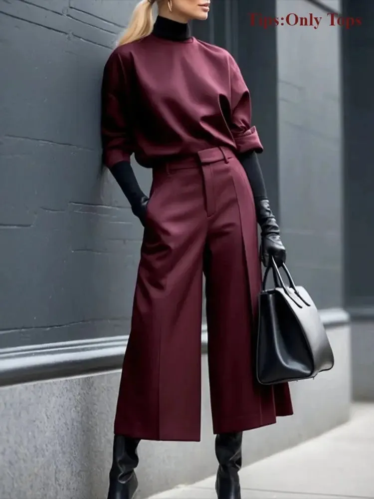 Burgundy Half Cuff Sleeves Loose Fit Top