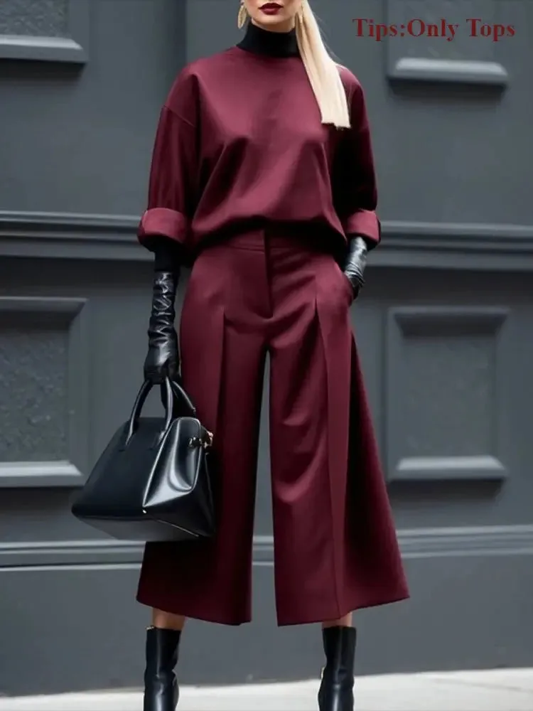 Burgundy Half Cuff Sleeves Loose Fit Top