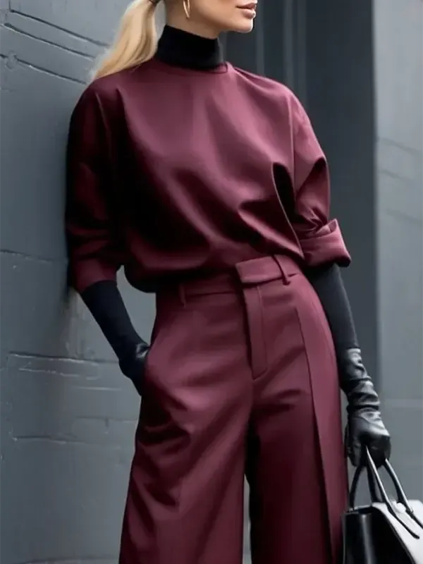Burgundy Half Cuff Sleeves Loose Fit Top