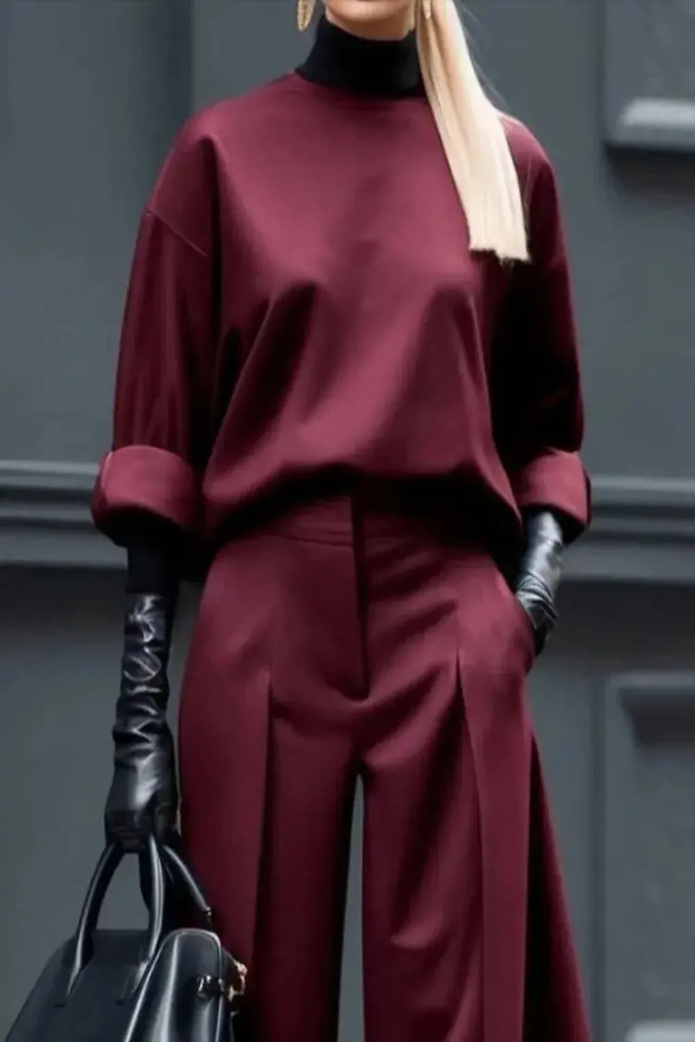Burgundy Half Cuff Sleeves Loose Fit Top