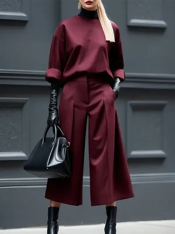 Burgundy Half Cuff Sleeves Loose Fit Top
