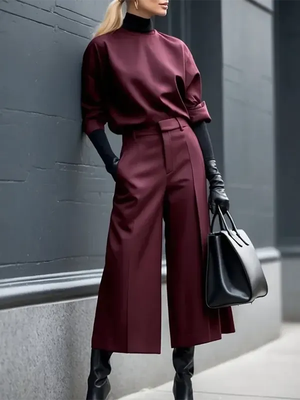 Burgundy Half Cuff Sleeves Loose Fit Top