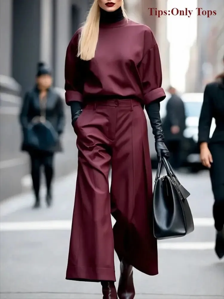 Burgundy Half Cuff Sleeves Loose Fit Top