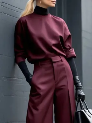 Burgundy Half Cuff Sleeves Loose Fit Top