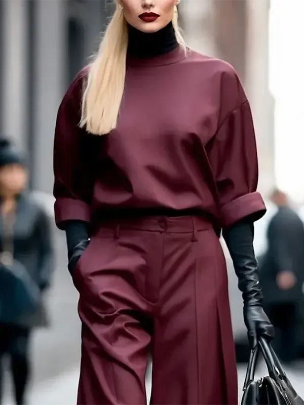 Burgundy Half Cuff Sleeves Loose Fit Top