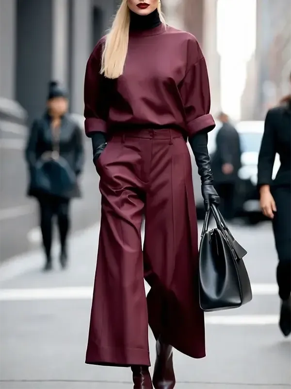 Burgundy Half Cuff Sleeves Loose Fit Top