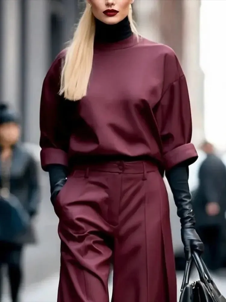 Burgundy Half Cuff Sleeves Loose Fit Top