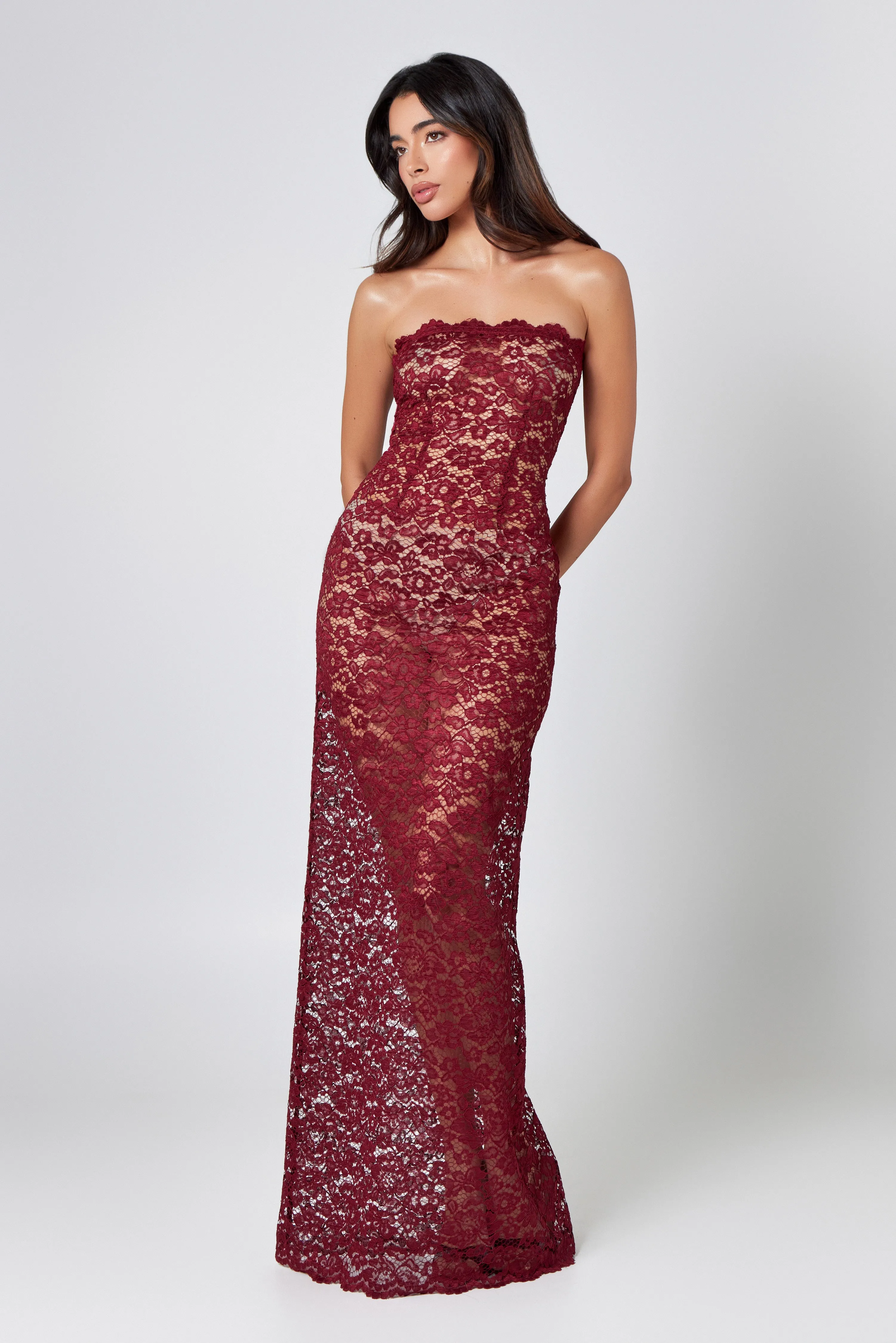 Burgundy Lace Unlined Maxi Dress