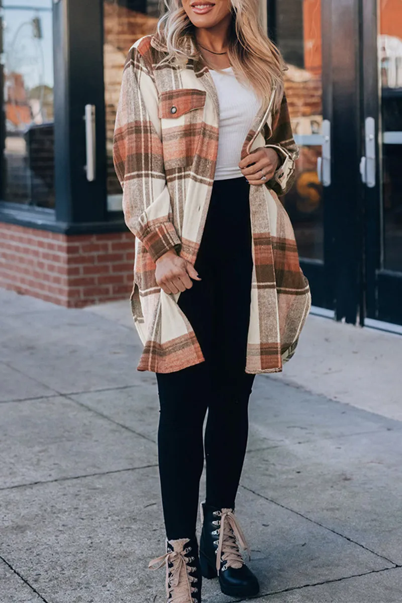 Casual Plaid Pocket Turndown Collar Tops