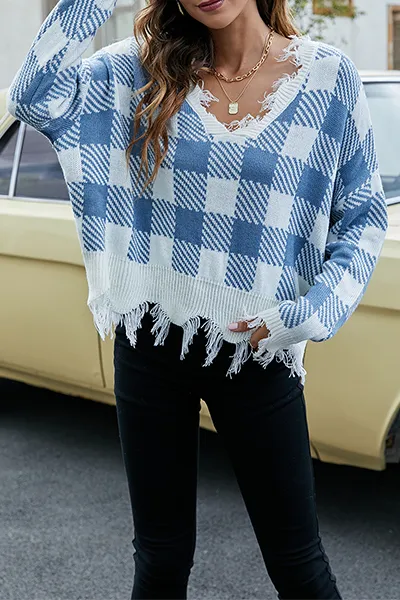 Casual Plaid Tassel Contrast V Neck Tops Sweater