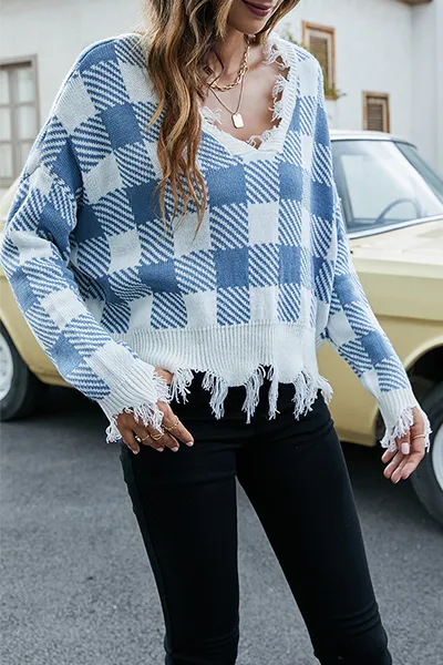 Casual Plaid Tassel Contrast V Neck Tops Sweater