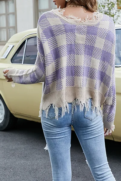 Casual Plaid Tassel Contrast V Neck Tops Sweater